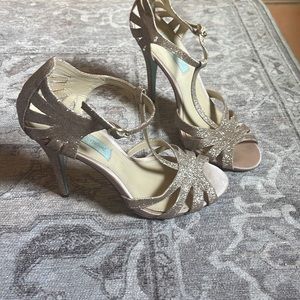 Betsey Johnson t strap gold glitter heels